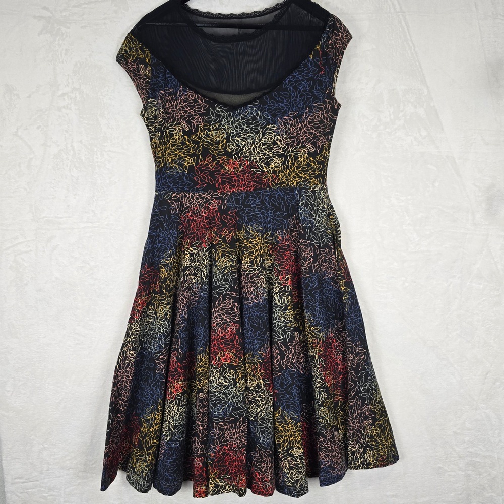 Effies Heart Womens Black Multicolor Leaf Print Mesh Yoke Fit Flare Dress Large